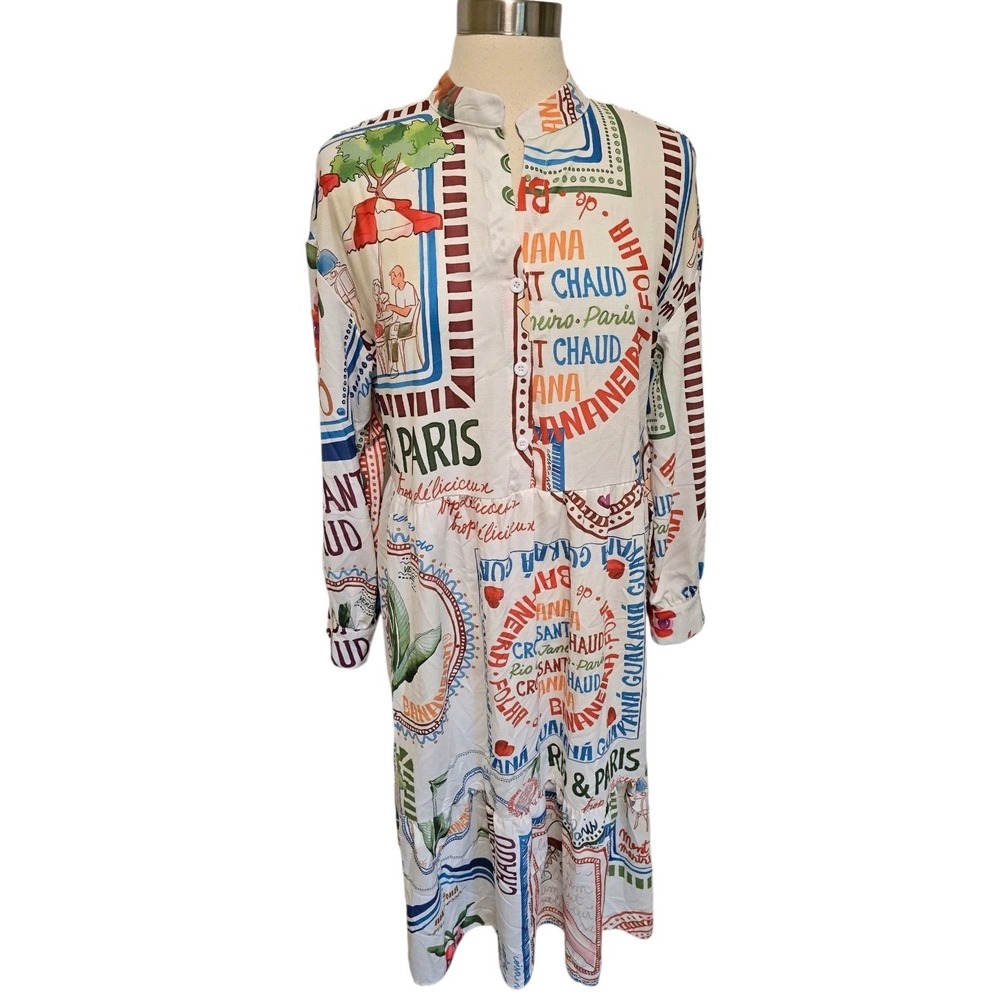 Womens‎ Long Sleeve Paris Rio Printed Dress White Size Large
